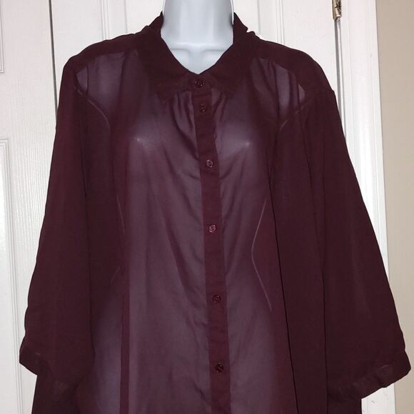 Attention dark mauve sheer button down blouse Sz 4X - Picture 3 of 5